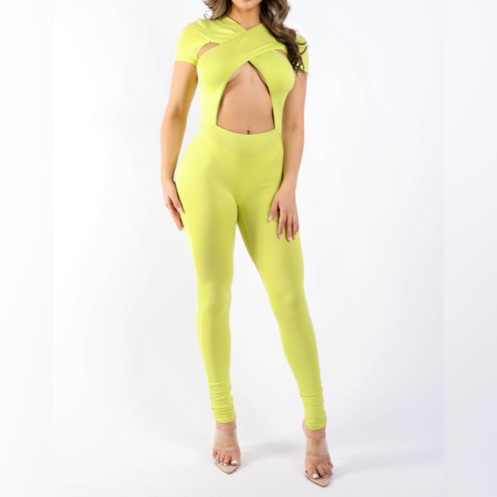 Lime Green Crossed Front Detailed Jumpsuit